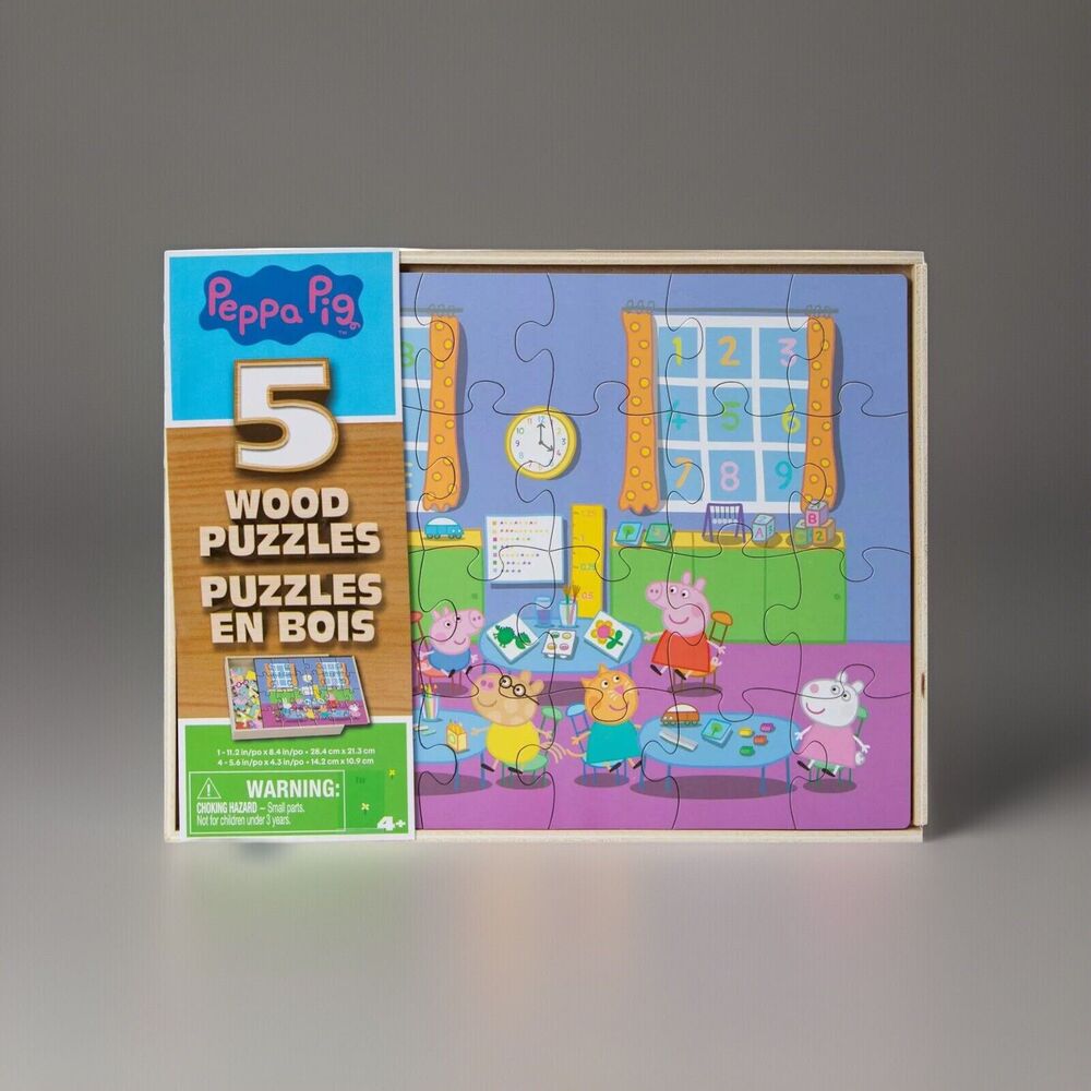 🔥Peppa Pig 5 Wood Spin Master Puzzles in Wooden Storage Box BNWT💥